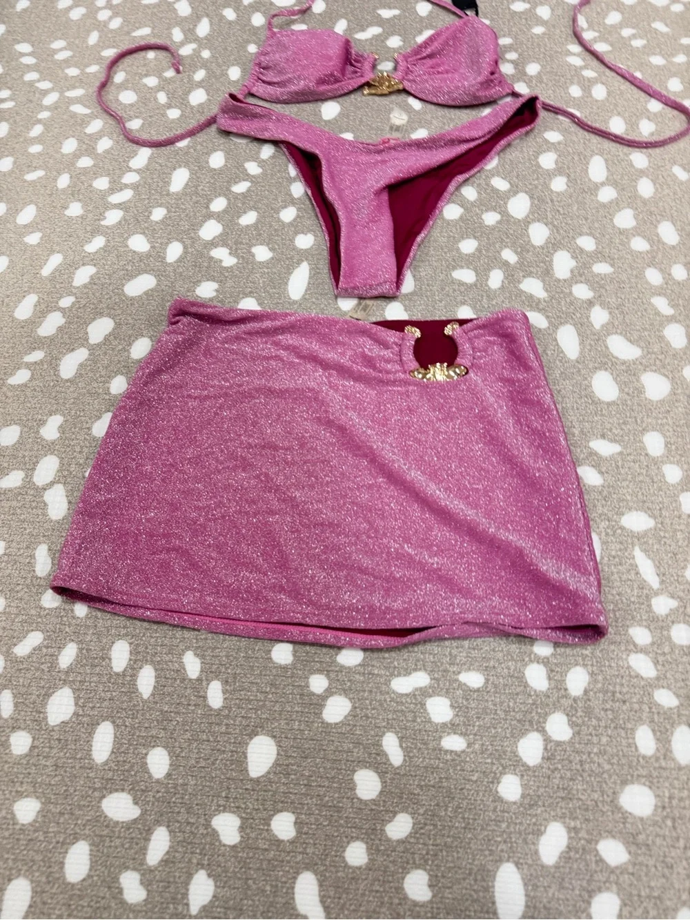 NWT Bikini 3 piece set Follow Me To Paradise Shimmer glitter mini skirt cheeky